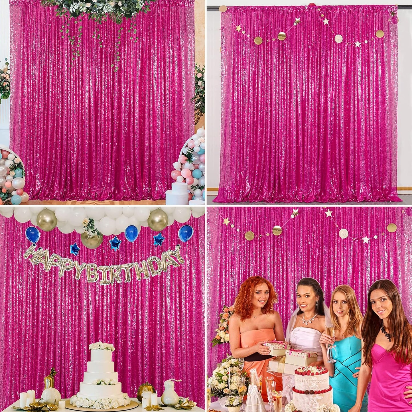 Fuchsia Sequin Backdrop Curtains 4 Panels 2FTx8FT Hot Pink Glitter Sequin Curtains for Backdrop for Parties, Wedding，Valentine Decoration