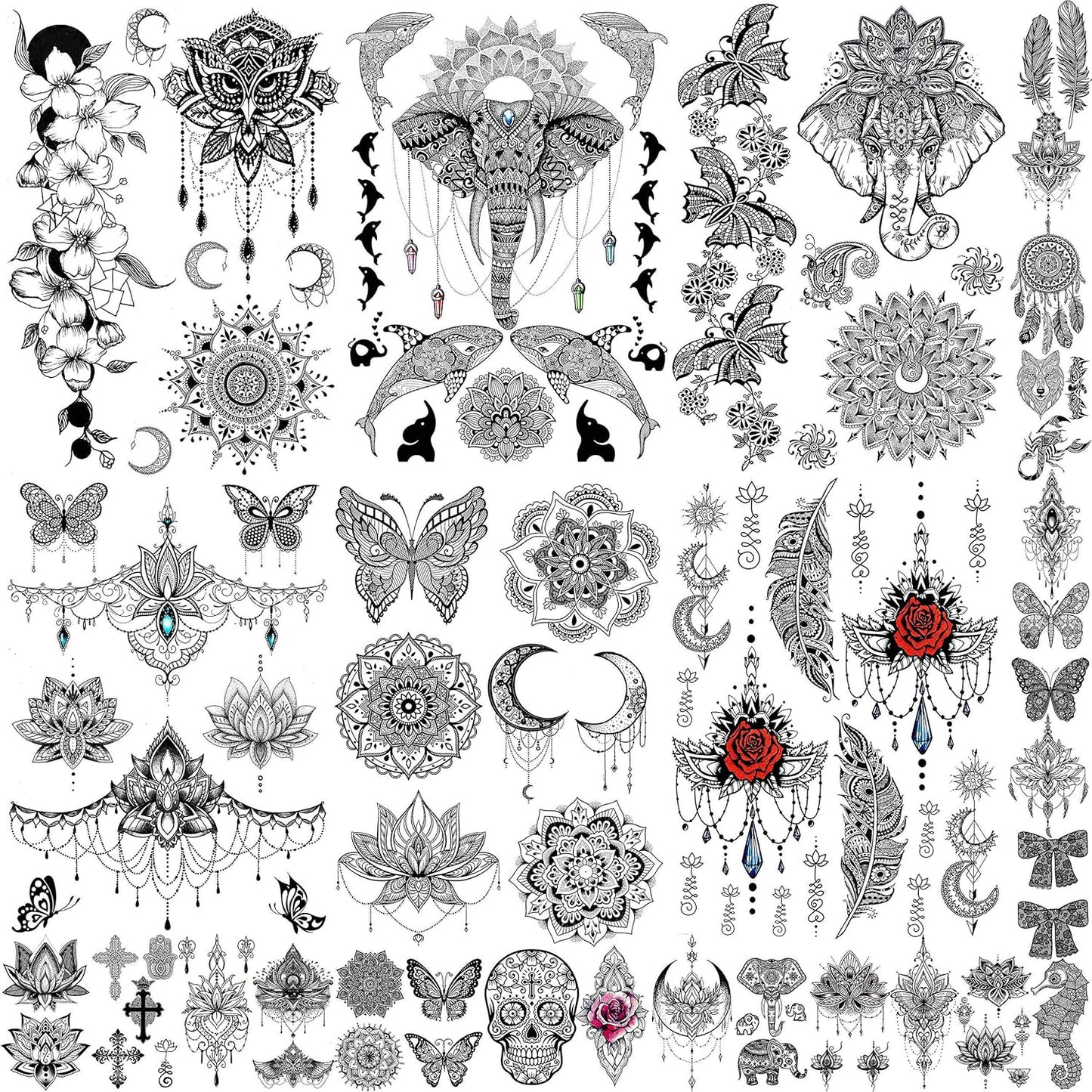 28 Sheets Tribal Black Temporary Tattoos For Women Girls, Waterproof Fake Tattoos Temporary Elephant Ganesha Lace Tattoo Kits, Lotus Mandala Flower Tatoo Sticker Moon Neck Chest Arm Butterfly