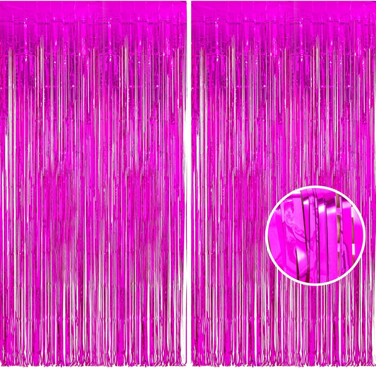 Foil Fringe Curtain Party Decorations - Hot Pink Photo Backdrop Tinsel Steamers Curtains for Tropical Hawaiian Theme Birthdays Christmas Valentine Bachelorette Parties