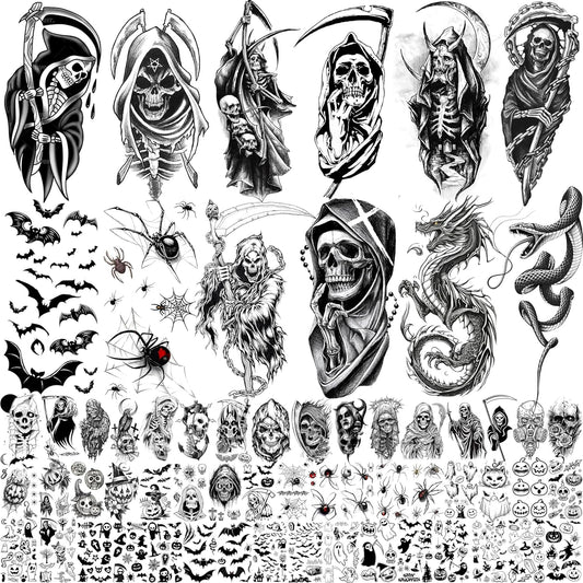 61 Sheets Halloween Temporary Tattoos for Men Women Adults, 12 Sheets Skeleton Death Skull Demon Devil Half Arm Sleeve Fake Tattoo Stickers, 49 Sheets Spider Web Bat Snake Vampire Scar Face Tattoos