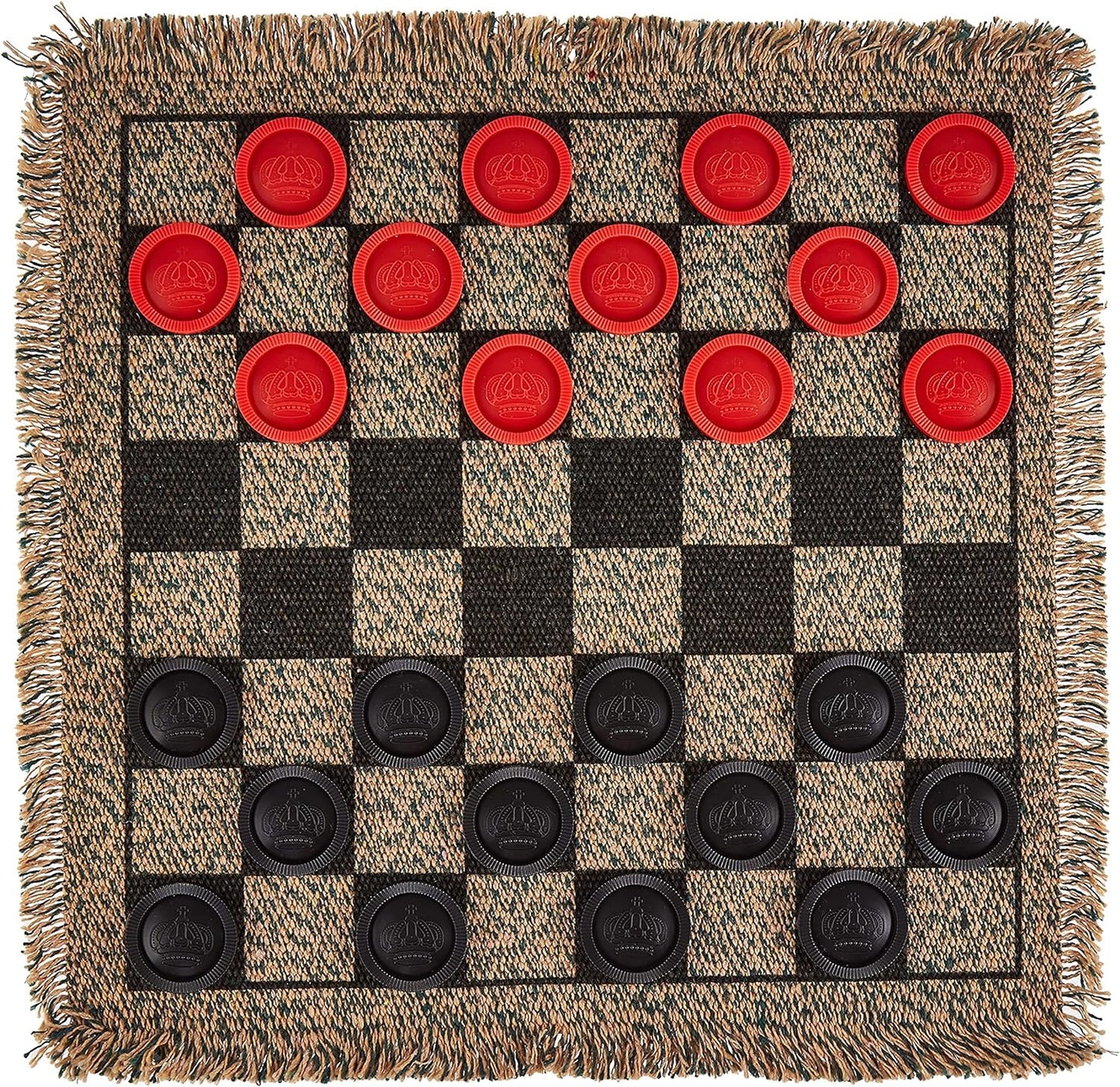 3-in-1 Mini Checkers Rug + Classic & Mega Tic Tac Toe - Portable Compact 12" x 12" Reversible Checkerboard Rug - Travel, Parties, Games on The Go, Family Board Game Night