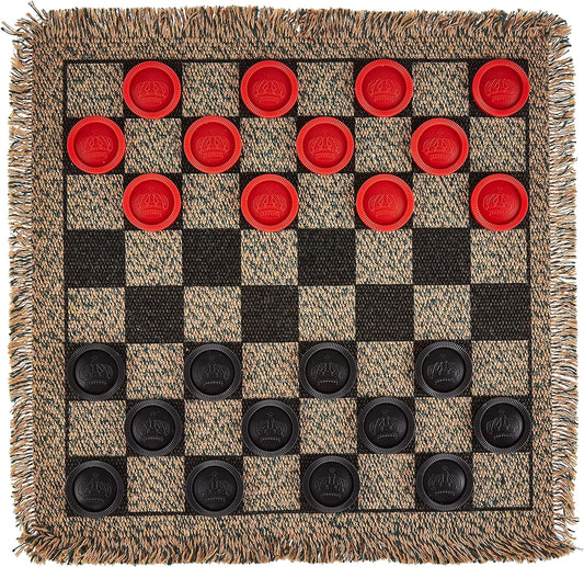 3-in-1 Mini Checkers Rug + Classic & Mega Tic Tac Toe - Portable Compact 12" x 12" Reversible Checkerboard Rug - Travel, Parties, Games on The Go, Family Board Game Night