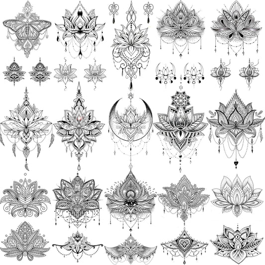 15 Sheets Sexy Black Lotus Temporary Tattoos For Women Wedding Brides, Tribal Fake Jewelry Pendant Lace Moon Moth Flowers Temp Tattoos Temporary Sticker For Girls Arm Neck Hands Tatoos Jewels